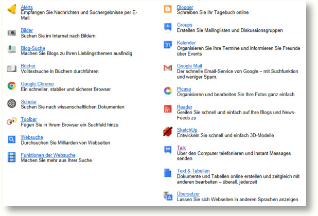 Klicken Sie. Hier bekommen Sie einen berblick ber die Google-Dienste.